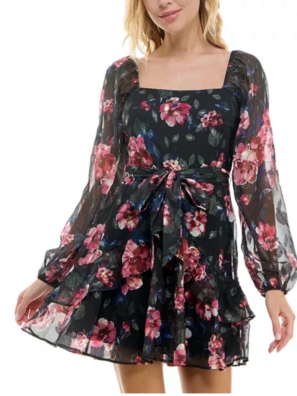 Trixxi Black Mini Dress with Pink Floral Print
